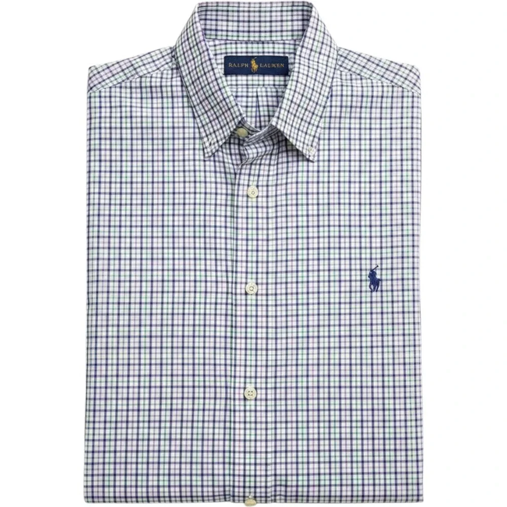 Ralph Lauren Mens Purple Green Tattersall Check Button Down Shirt Large L Cotton
